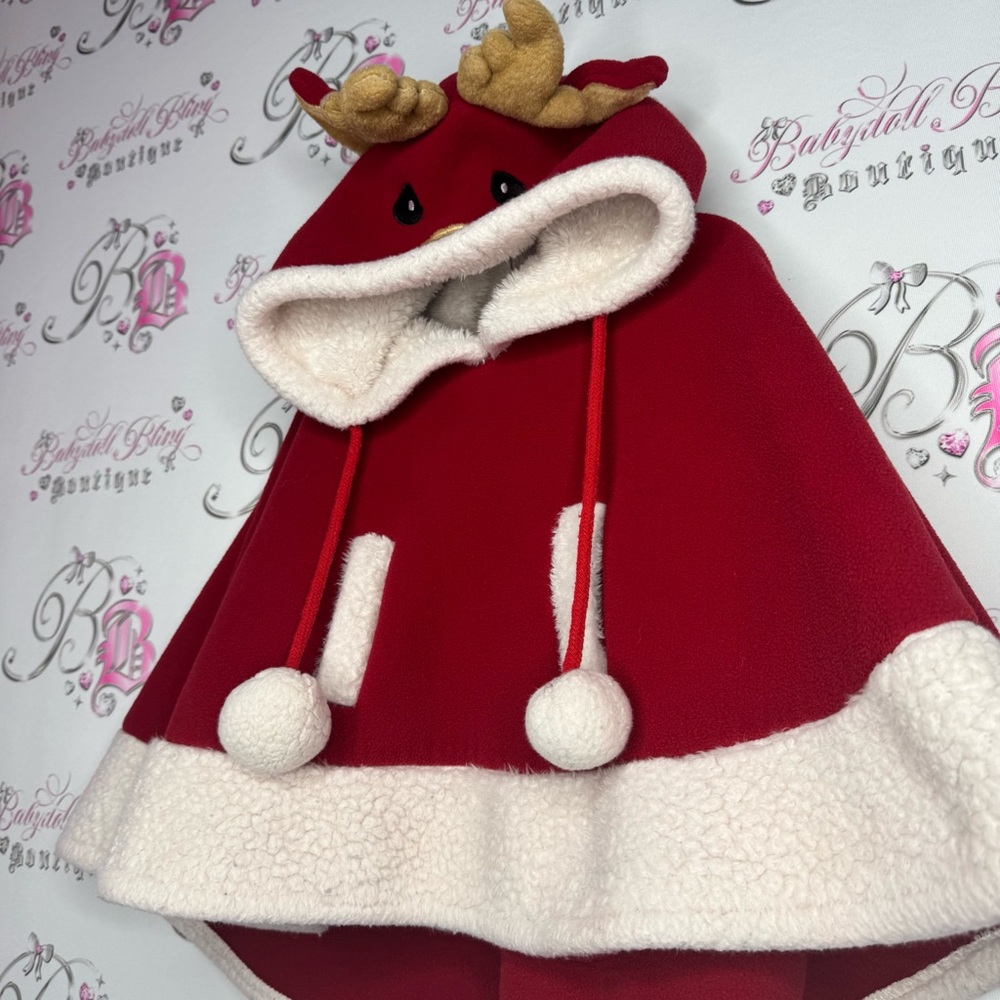 Doppio’s poncho reindeer kids red white Pom poms deer hood cute cozy warm Xmas - Picture 2 of 8